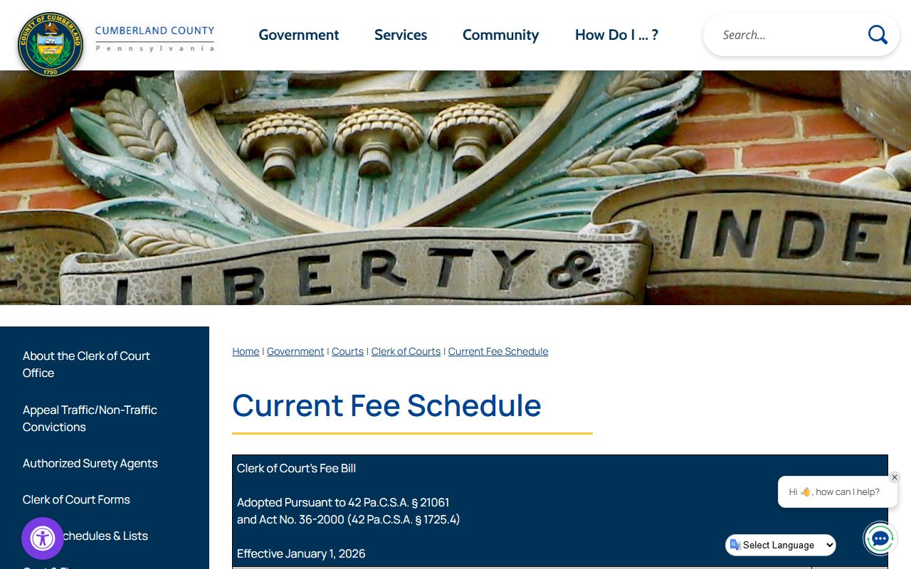 Cumberland County Clerk of Courts fee schedule for criminal records