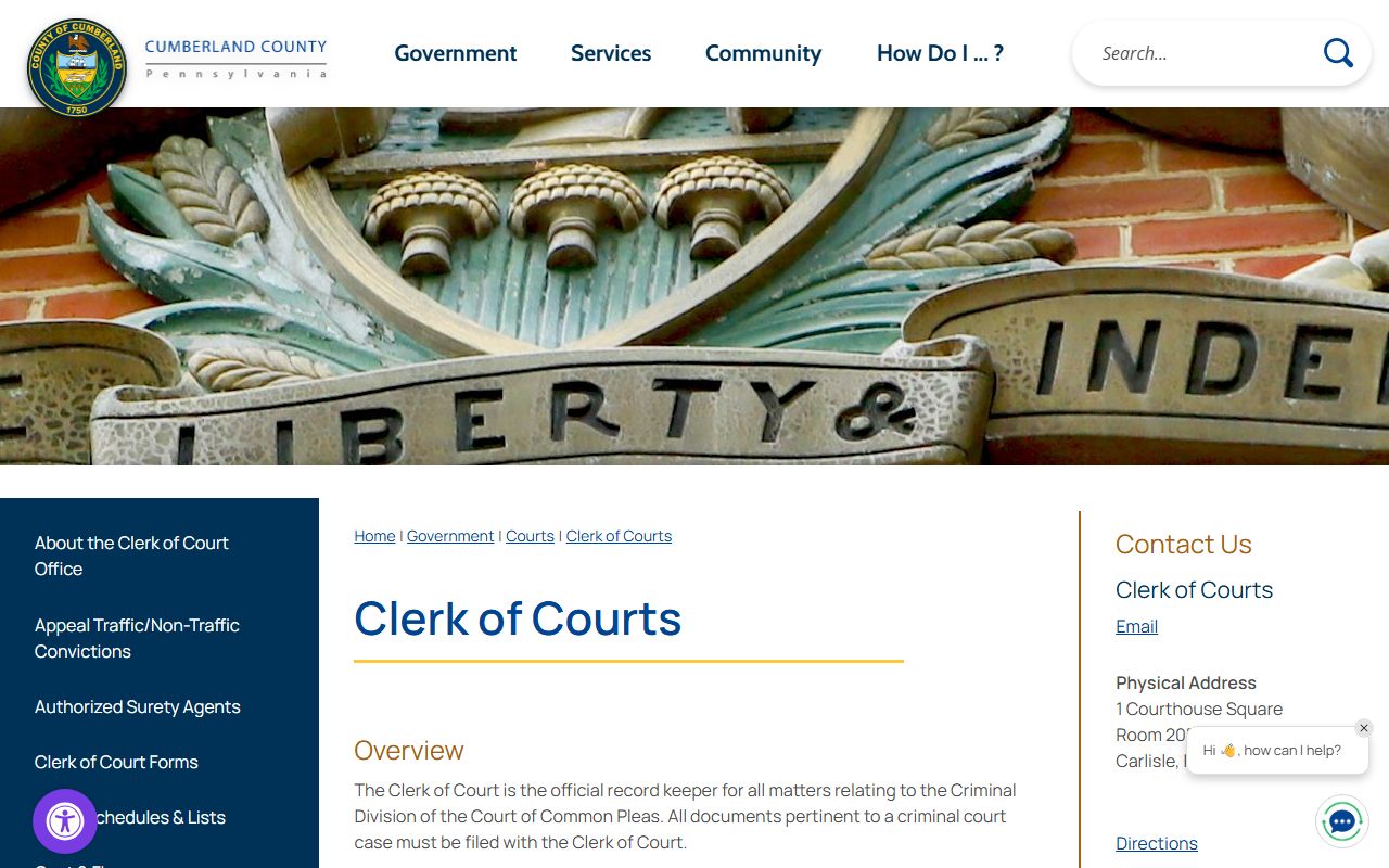 Cumberland County Clerk of Courts page for criminal records
