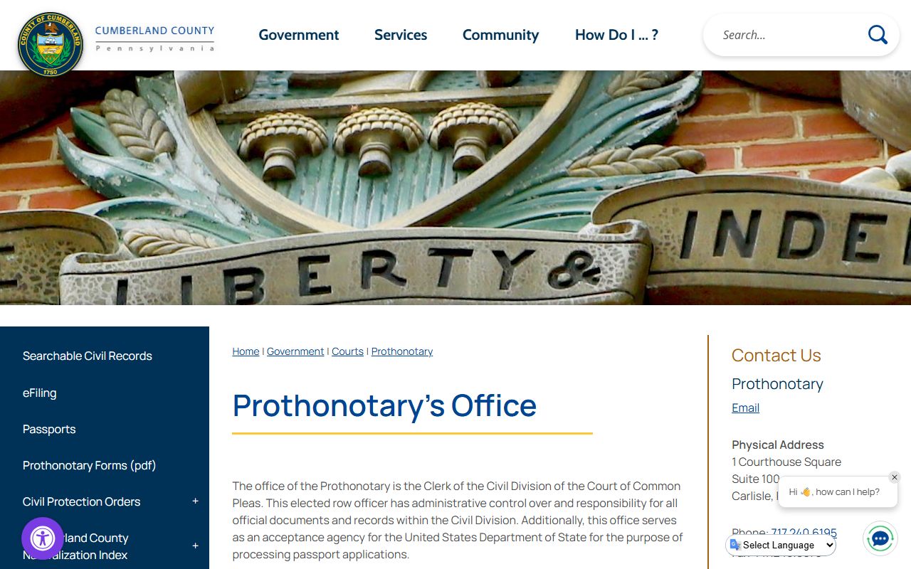 Cumberland County Prothonotary office page for civil records
