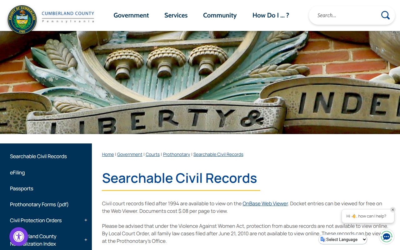 Cumberland County searchable civil records page from the Prothonotary