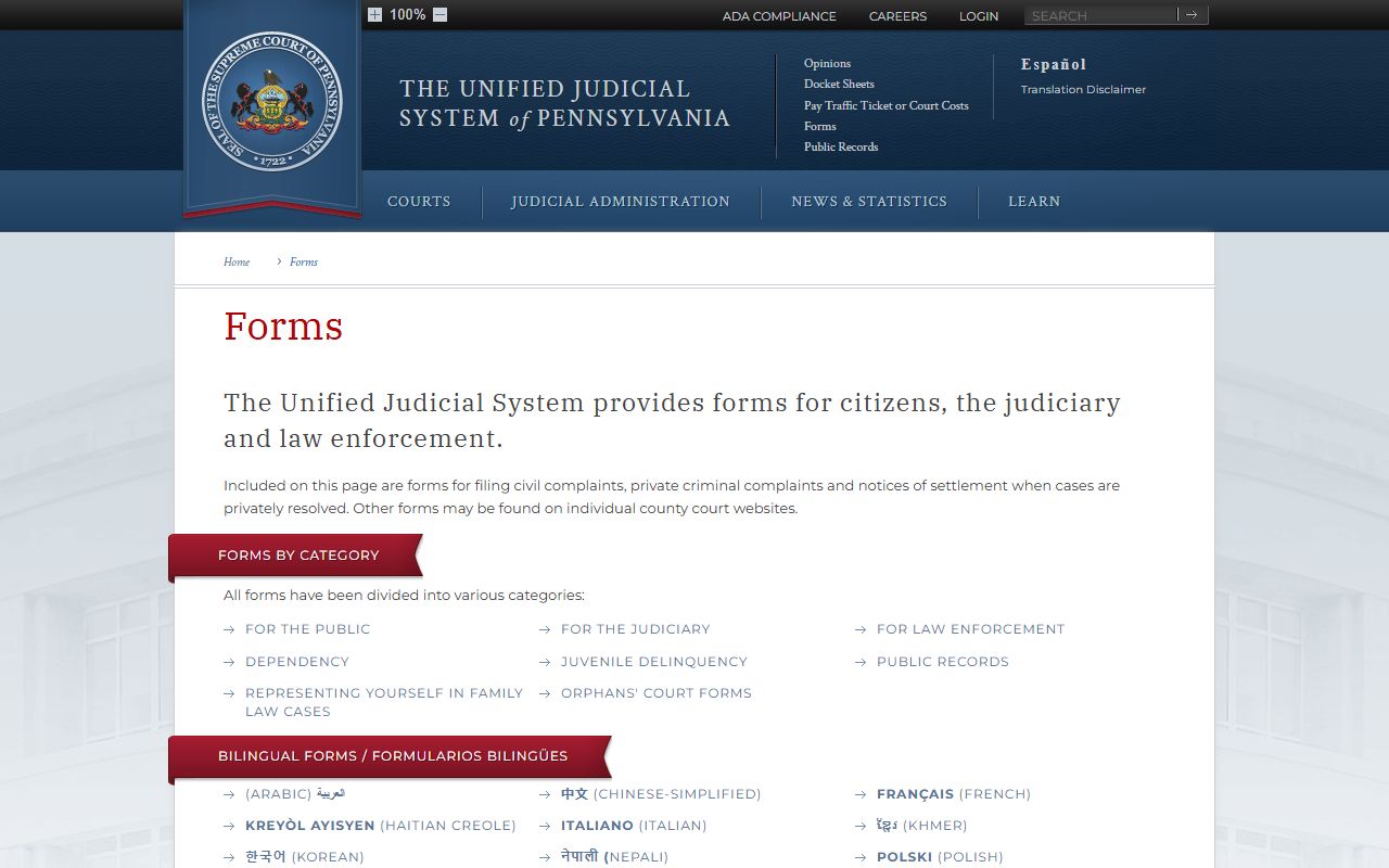 Pennsylvania UJS forms page for Cumberland County court records filings