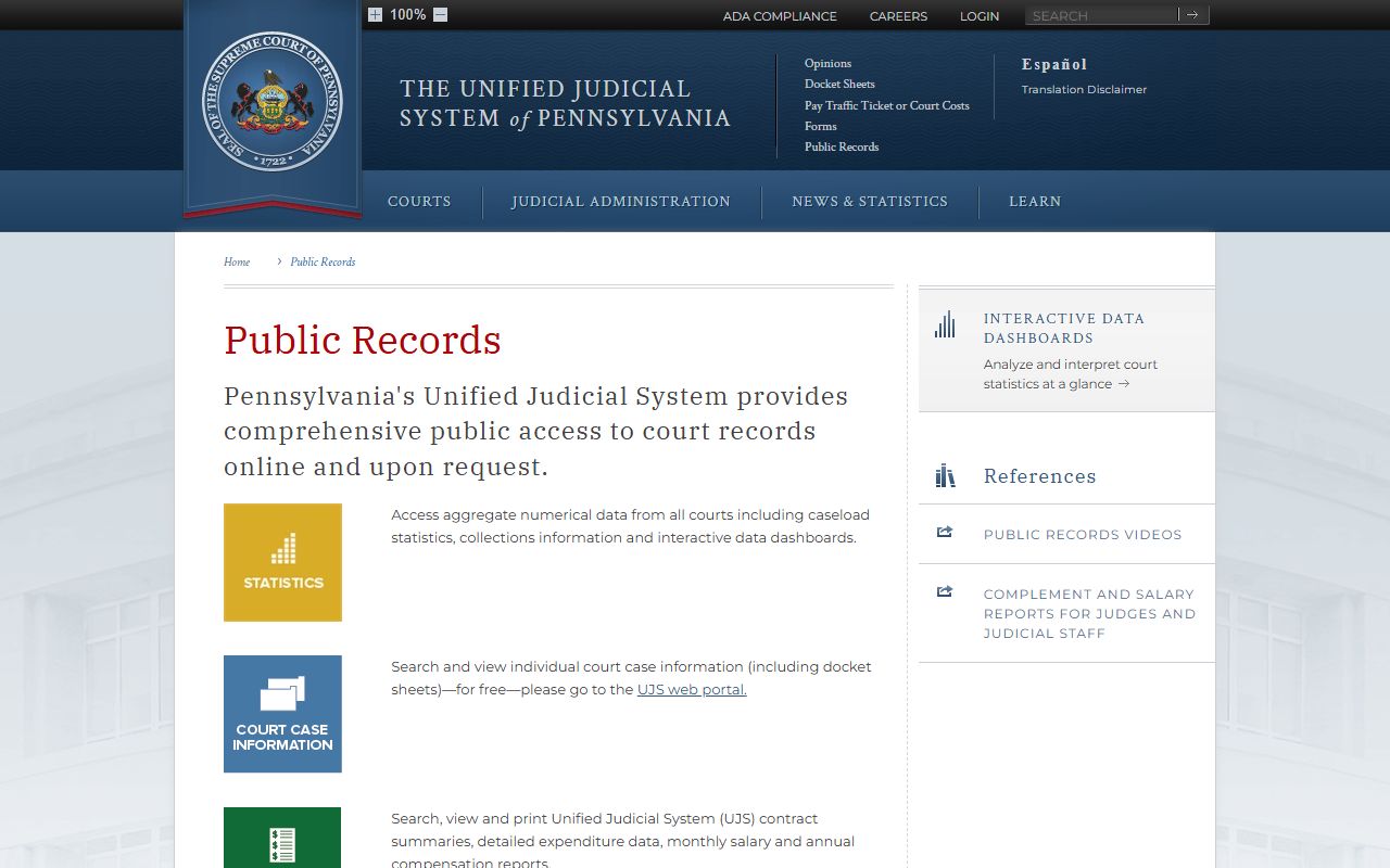 UJS public records page for Cumberland County court records access