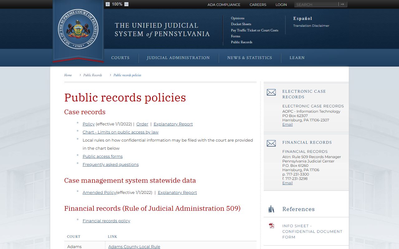 UJS public record policies for restricted Cumberland County court records