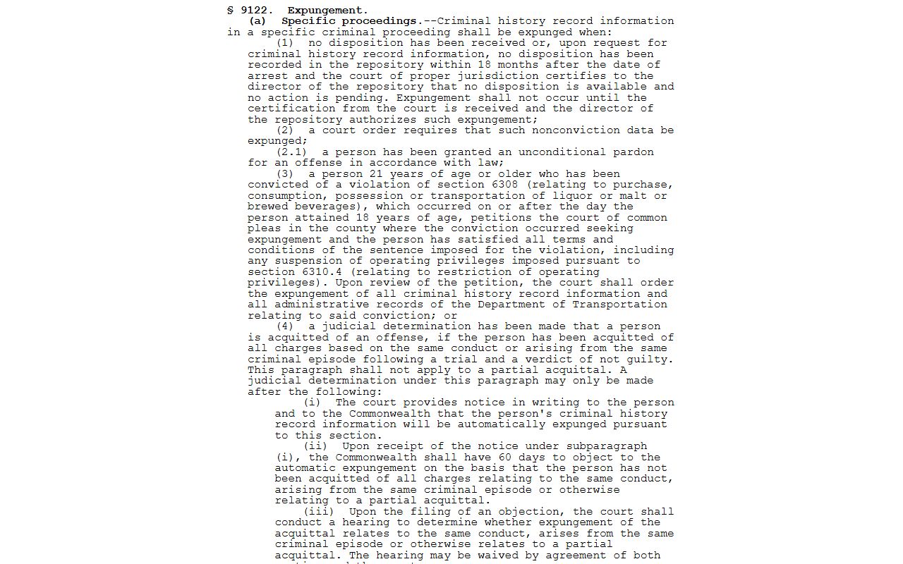 Pennsylvania criminal expungement statute for Cumberland County arrest records