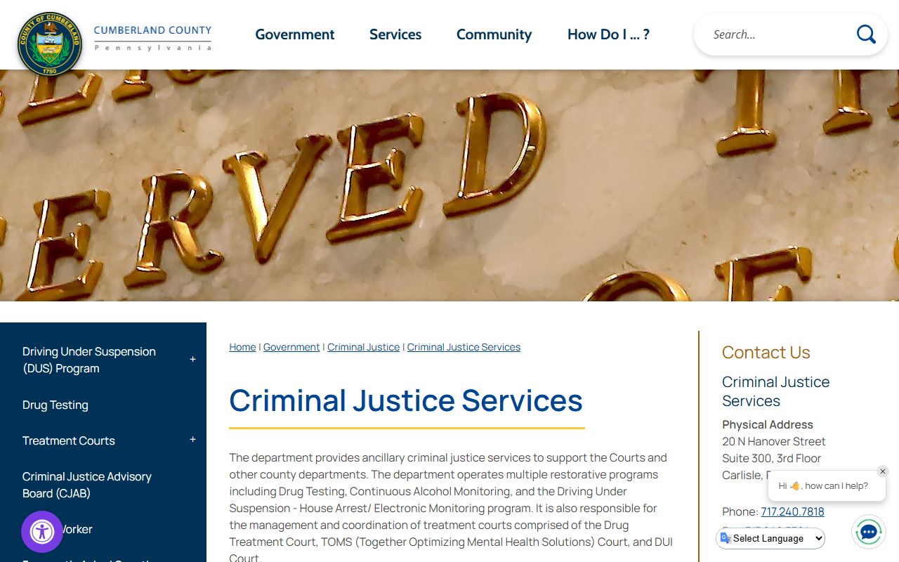 Cumberland County Criminal Justice Services page for arrest records