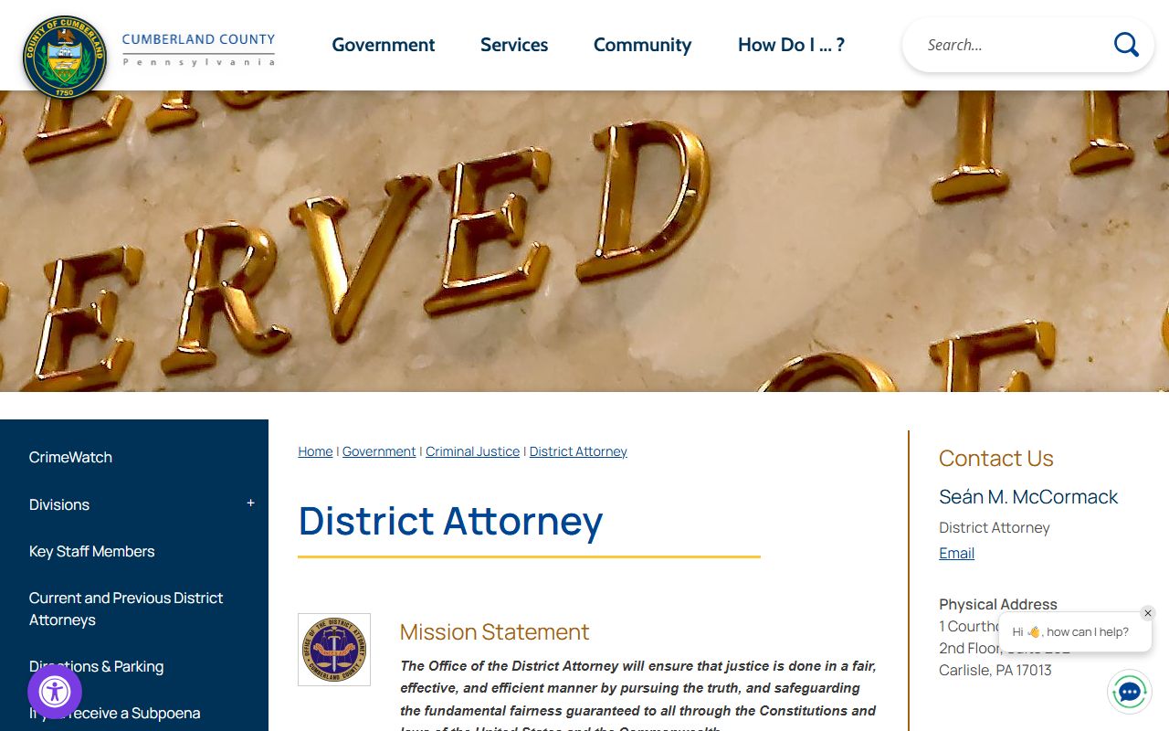 Cumberland County District Attorney page and forensic lab for criminal records