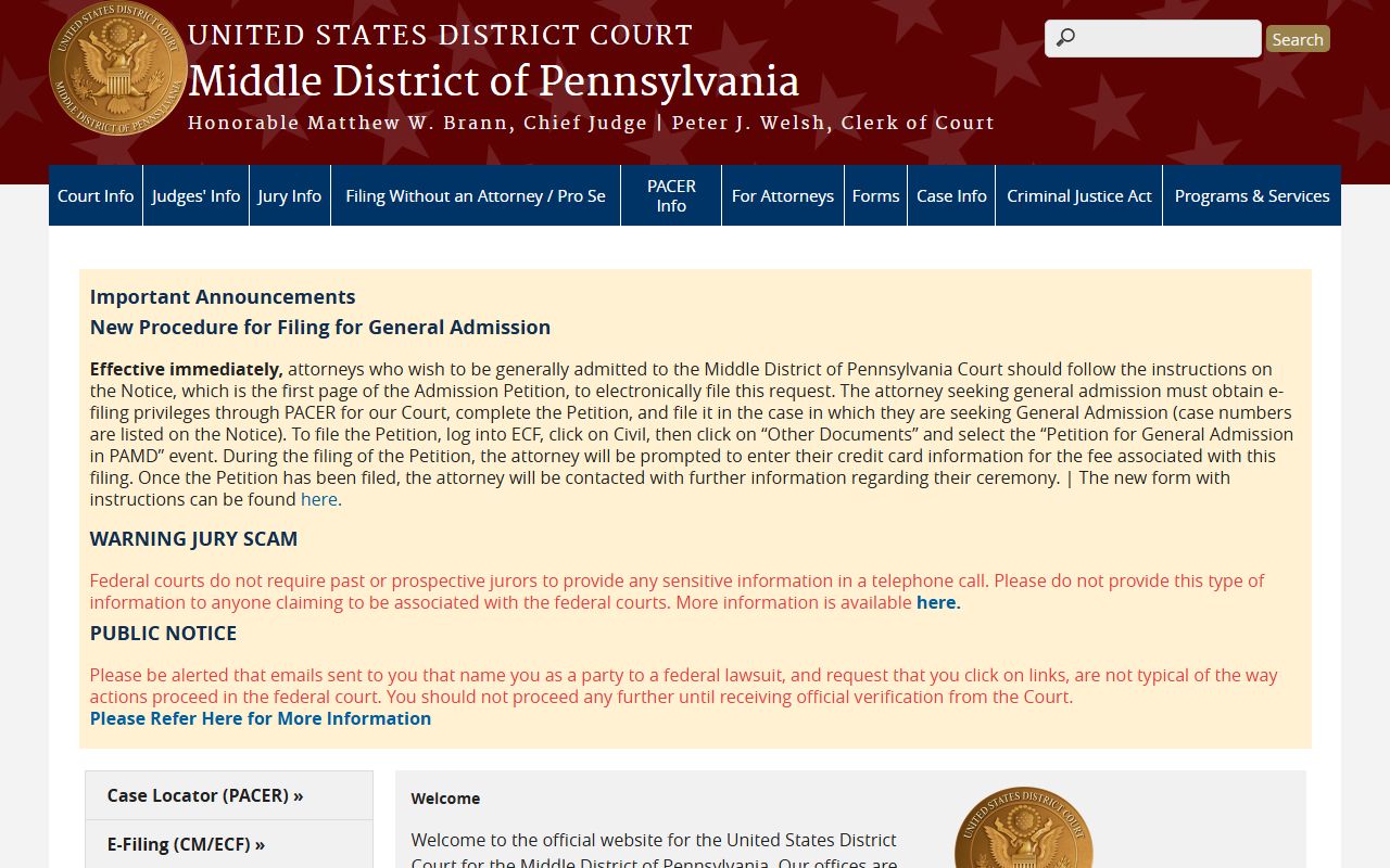U.S. District Court Middle District of Pennsylvania for federal Cumberland County records