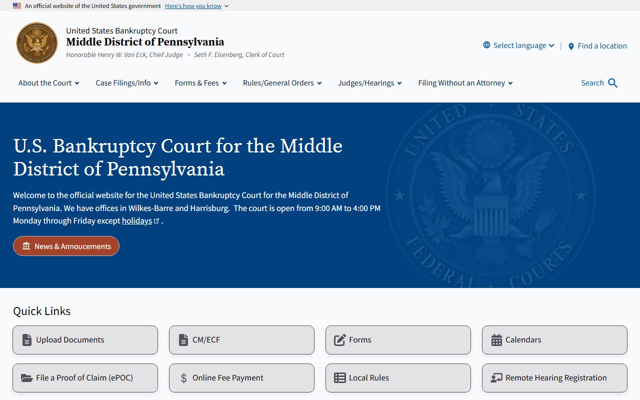 U.S. Bankruptcy Court Middle District of Pennsylvania dockets for Cumberland County