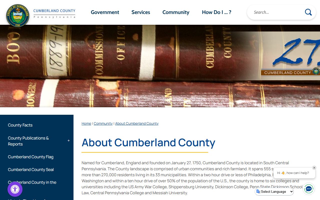 About Cumberland County page with court and history details