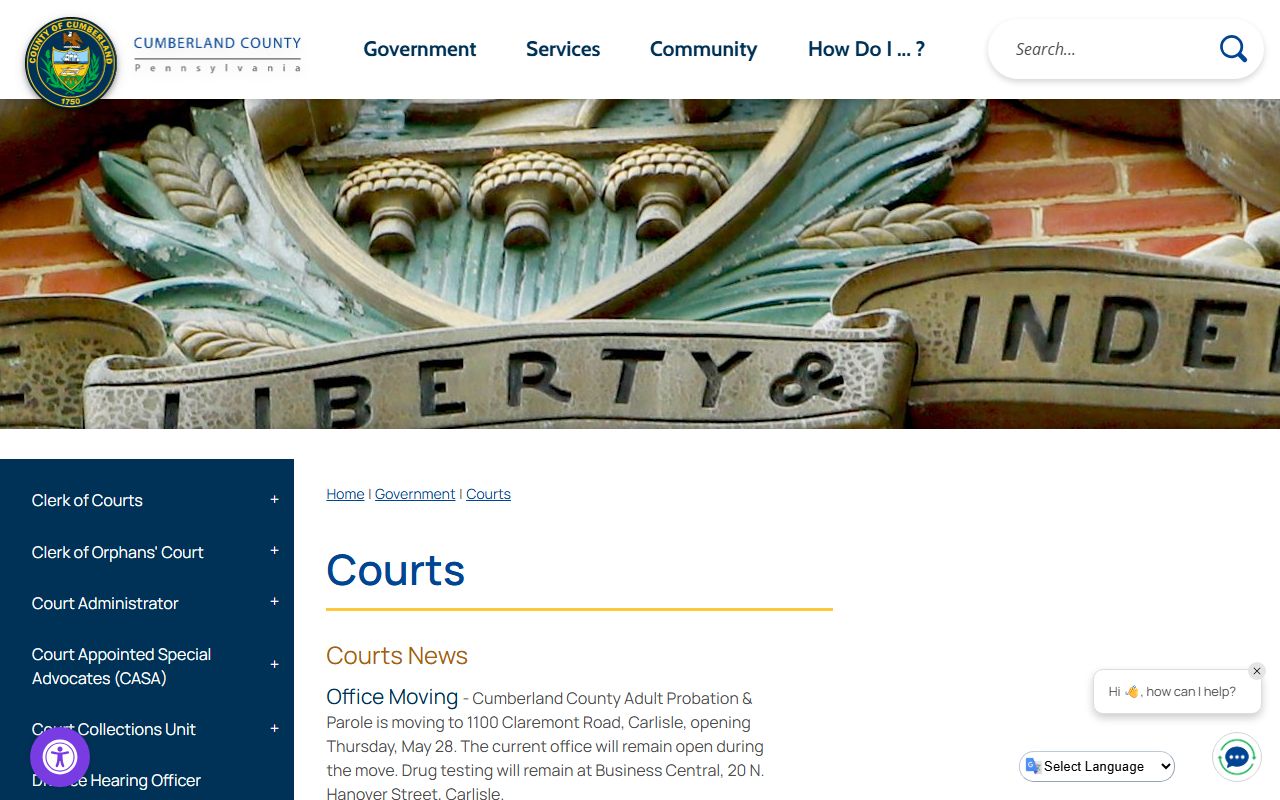 Cumberland County courts landing page listing court record offices