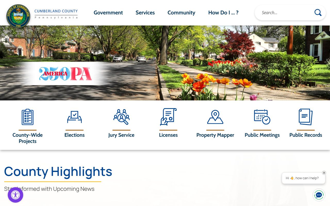 Cumberland County official homepage linking to court records and offices