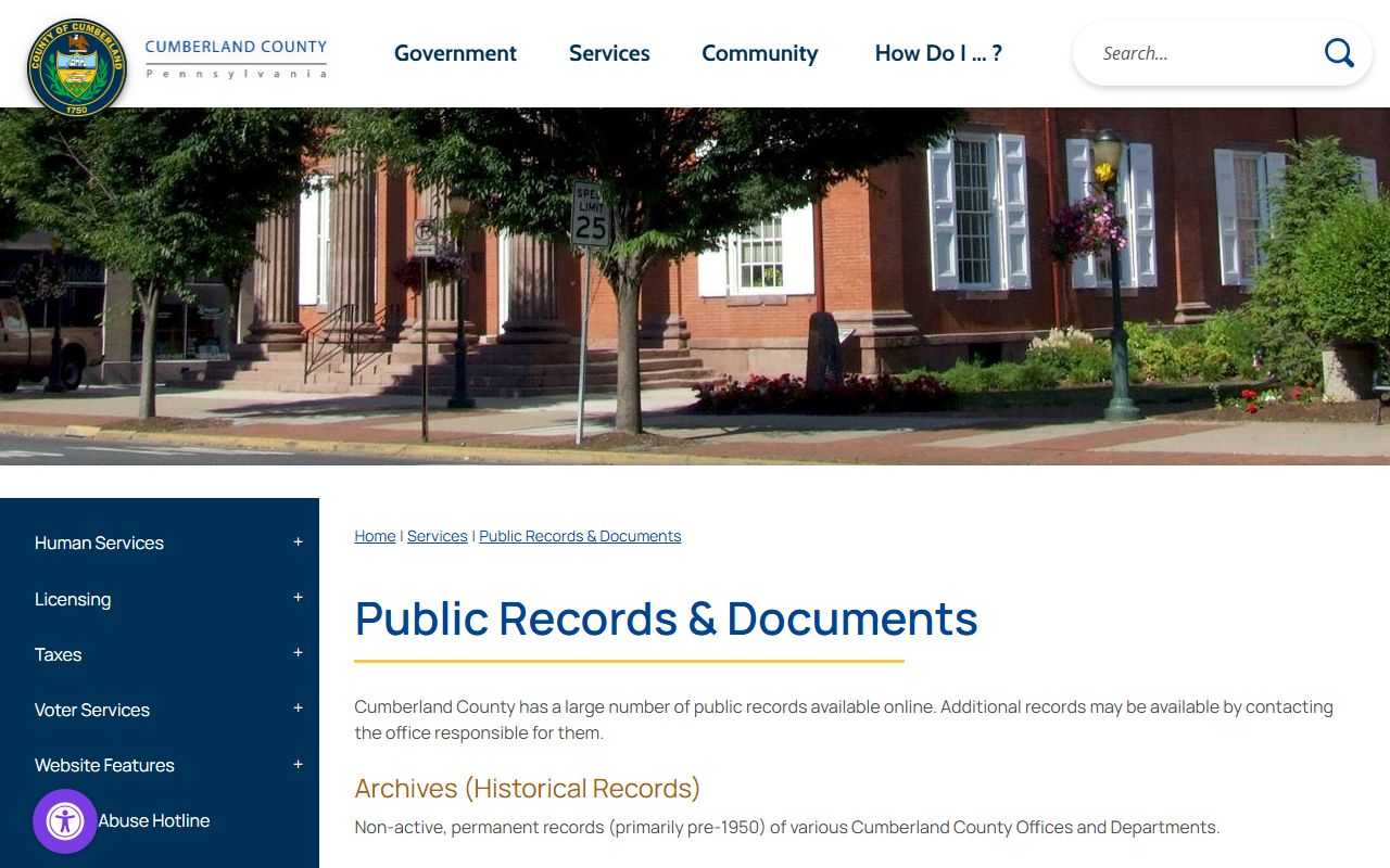 Cumberland County public records and documents page listing court record offices