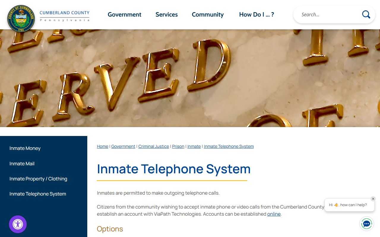 Cumberland County inmate telephone system for the jail population