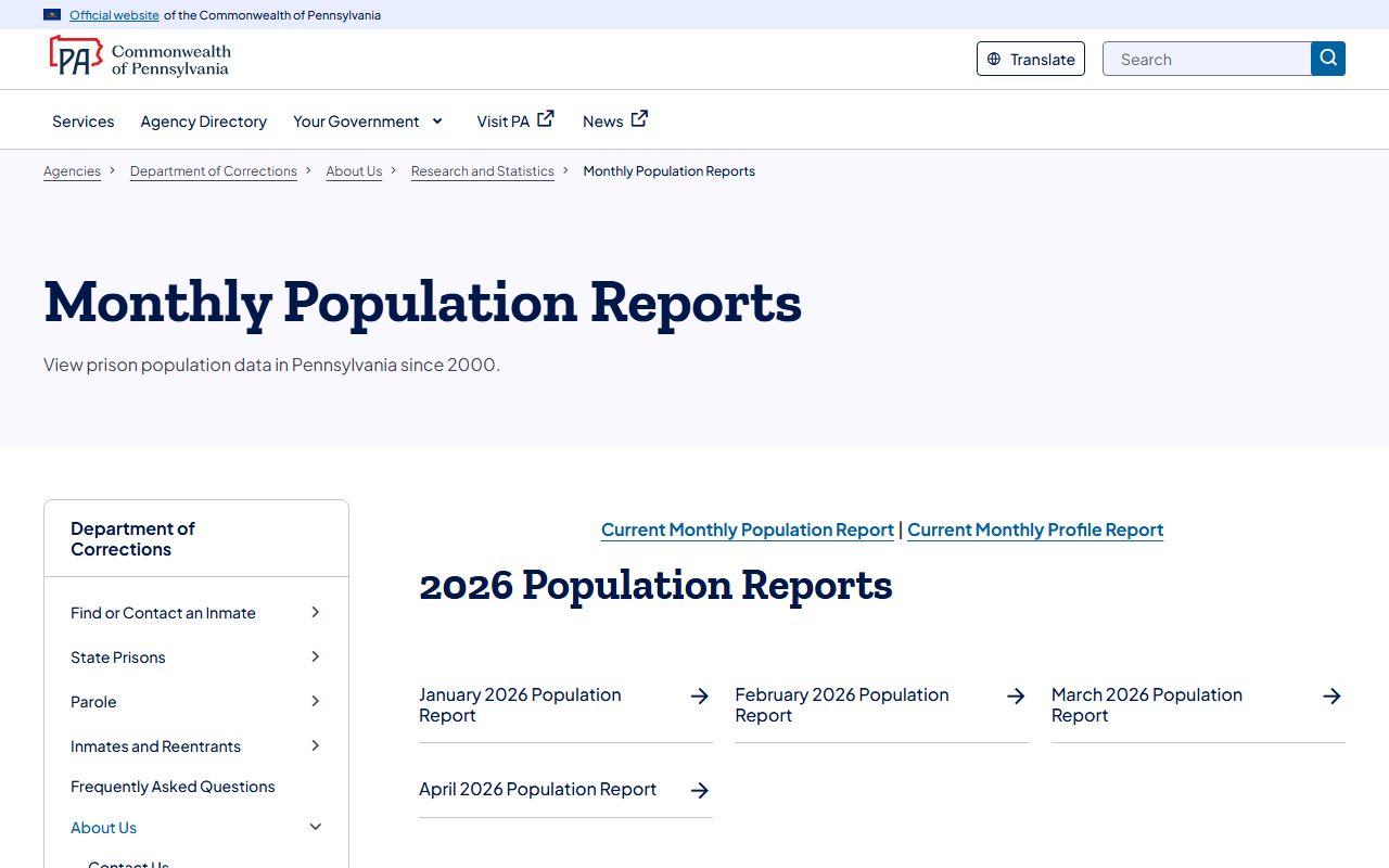 Pennsylvania DOC monthly population reports for state context to Cumberland County