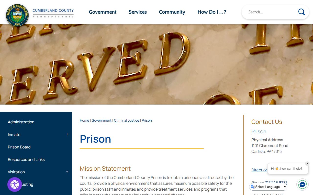 Cumberland County Prison page for inmate records in Carlisle