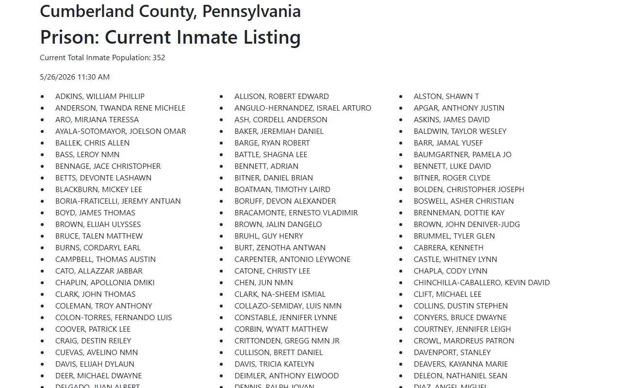 Cumberland County current inmate listing roster of confined inmates