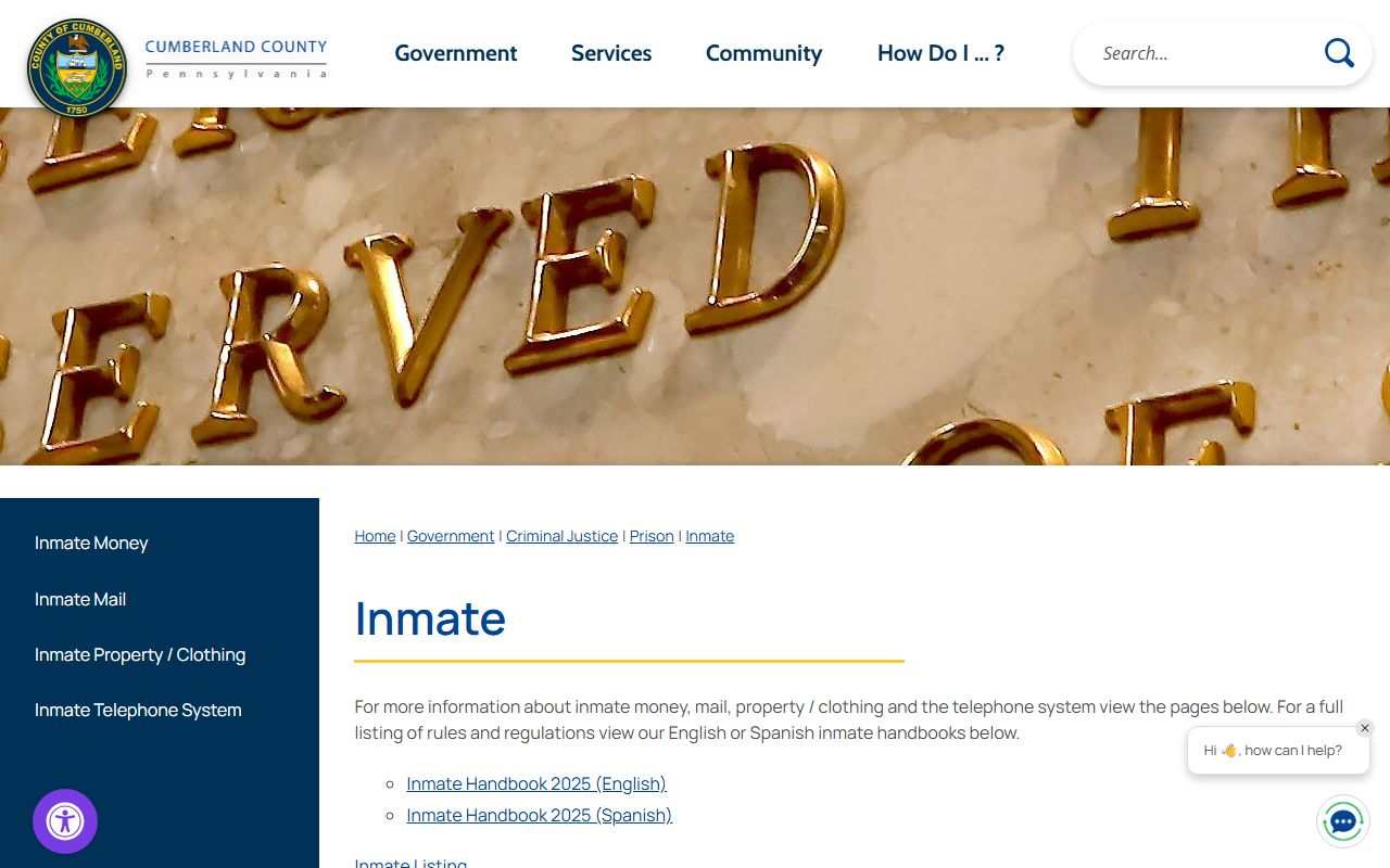 Cumberland County inmate resources page for mail, money, and phone