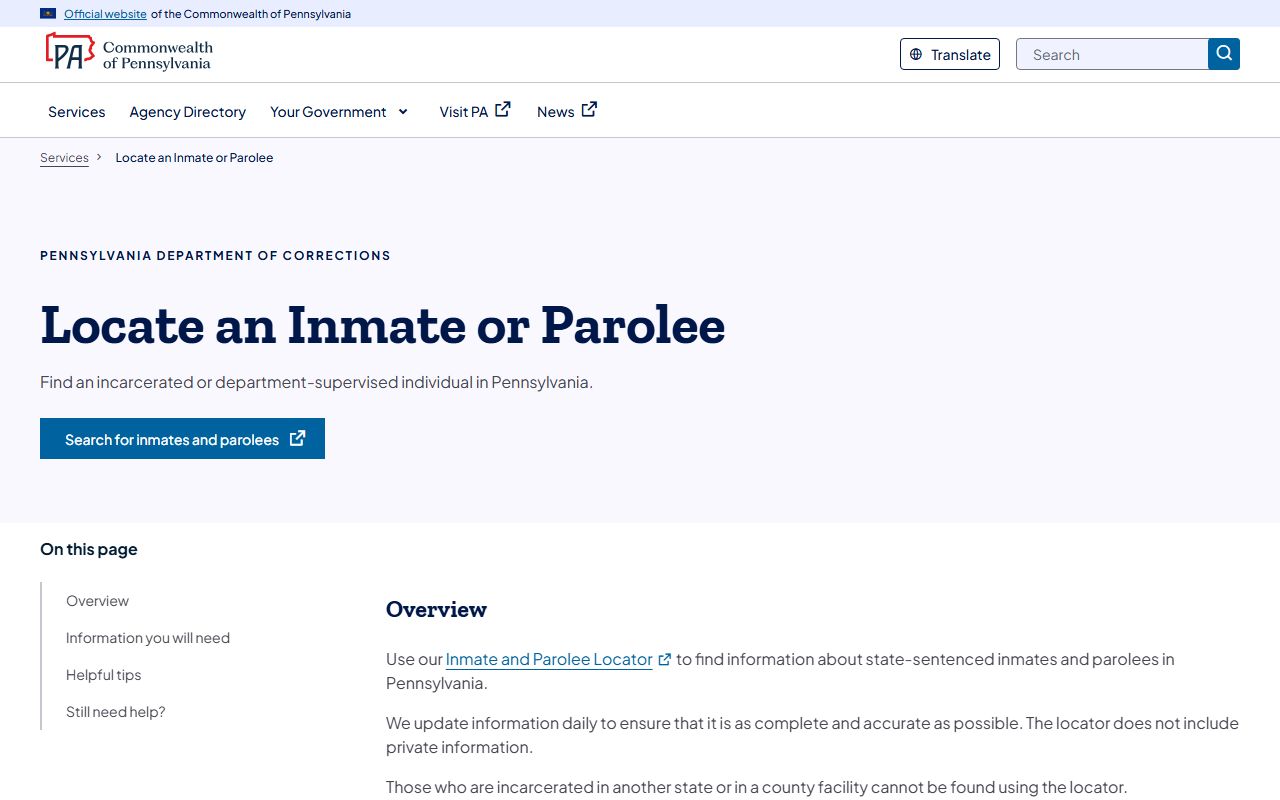 Pennsylvania DOC inmate locator for state custody beyond Cumberland County