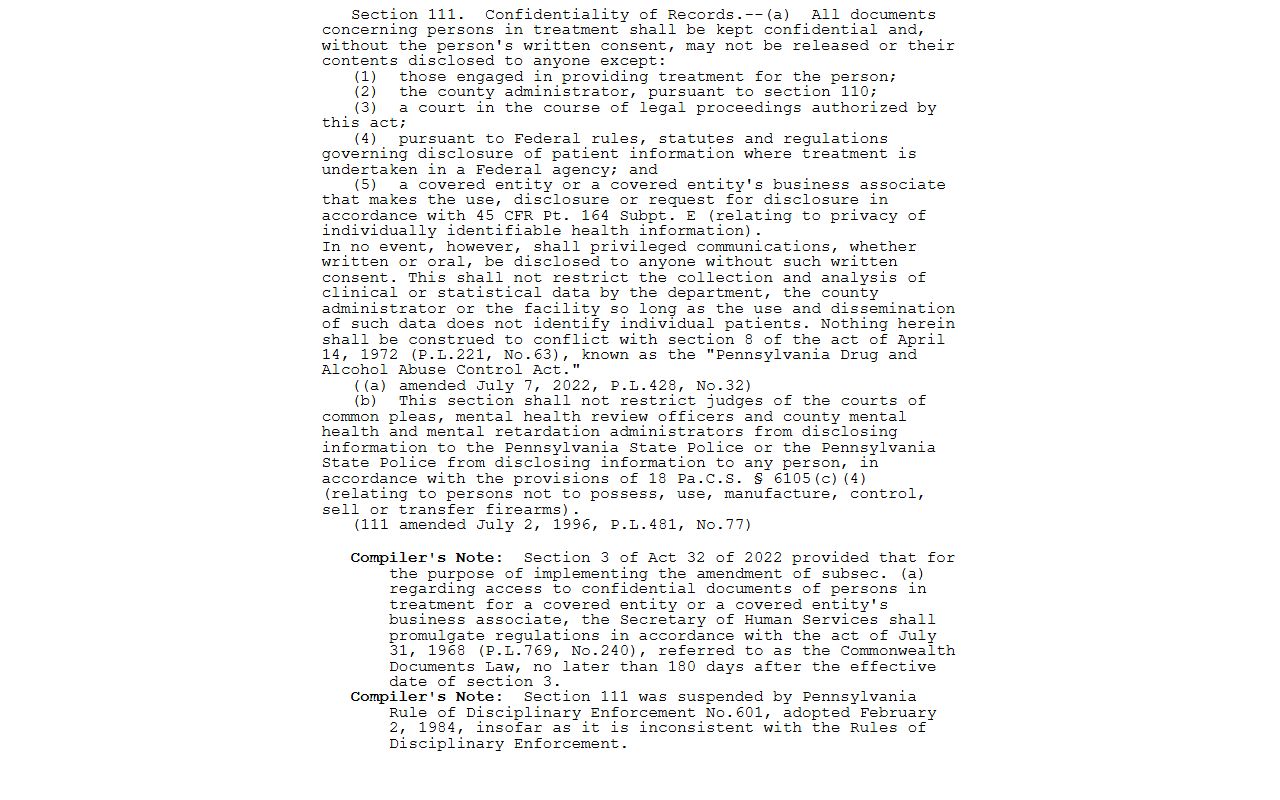 Pennsylvania Mental Health Procedures Act confidentiality for family records