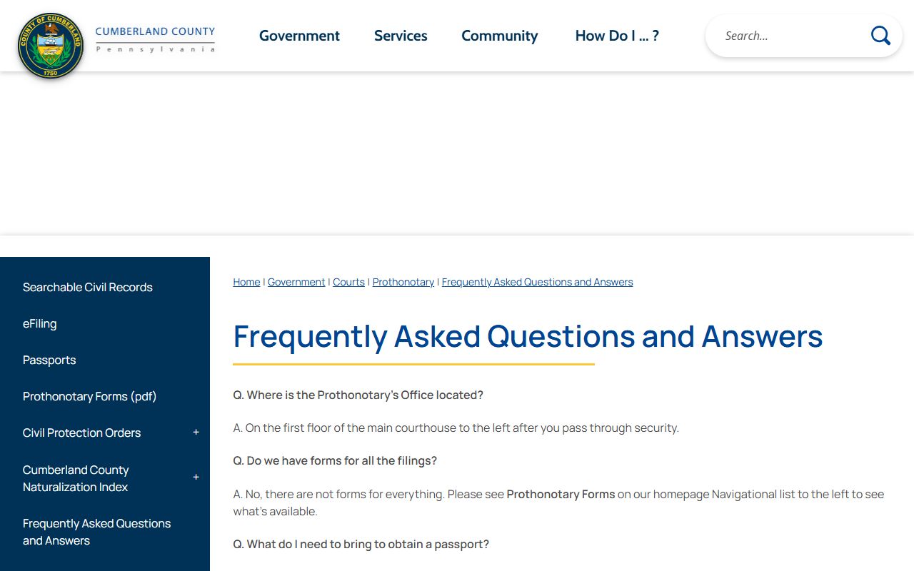 Cumberland County Prothonotary FAQ for certified divorce records