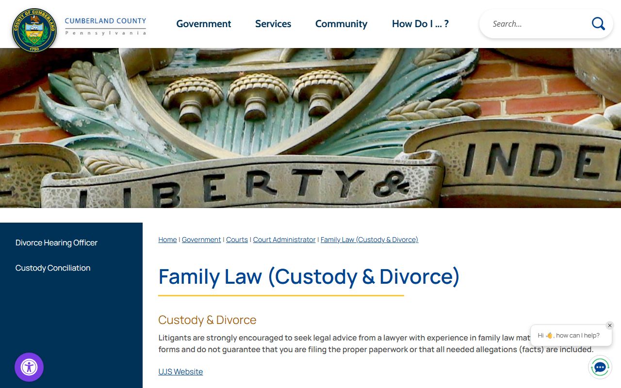 Cumberland County family law custody and divorce records page