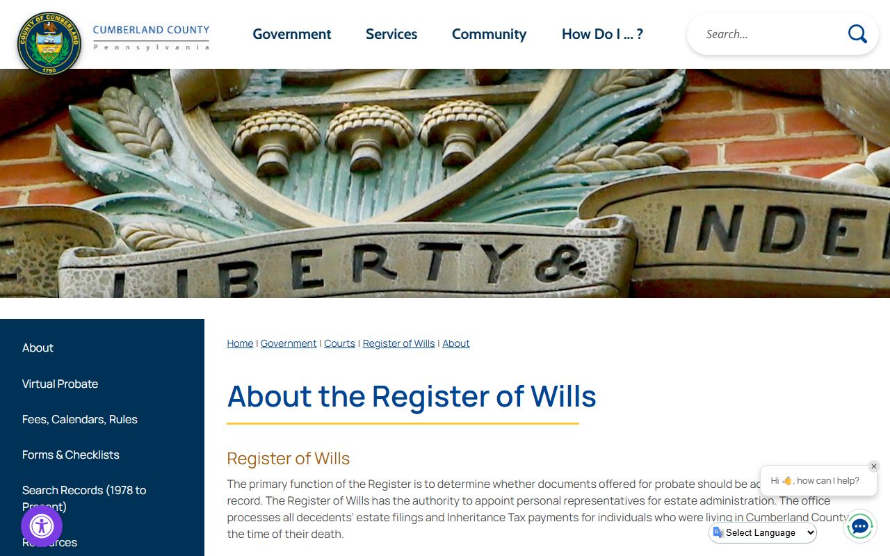 Cumberland County Register of Wills page for probate records