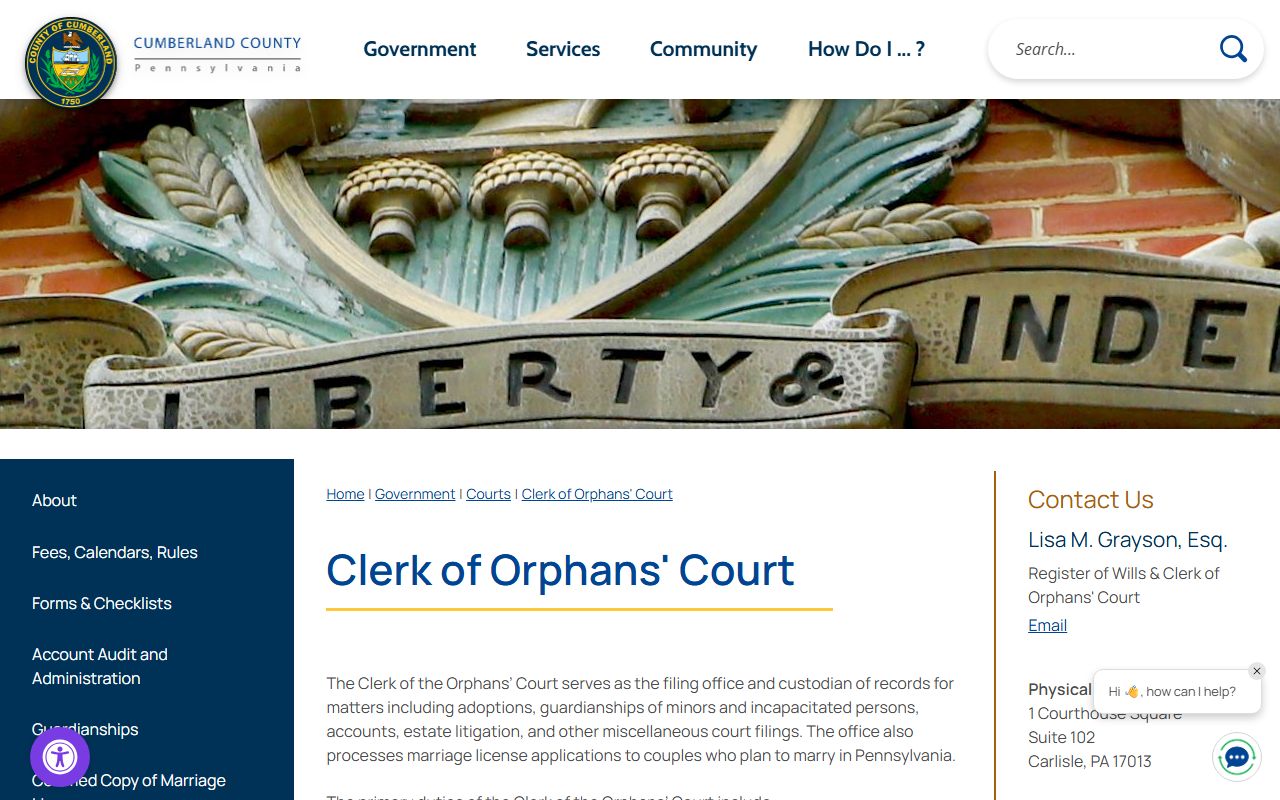 Cumberland County Clerk of Orphans' Court page for probate filings