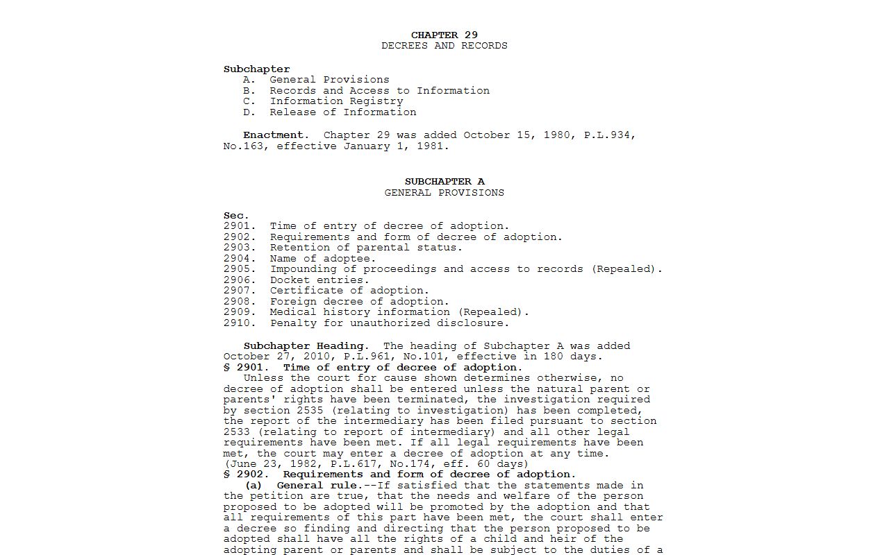 Pennsylvania adoption records statute for Cumberland County Orphans' Court