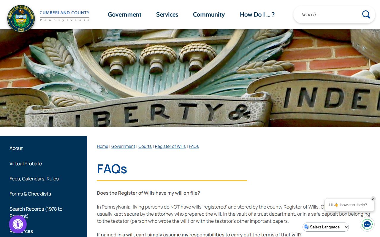 Cumberland County Register of Wills FAQ for probate records