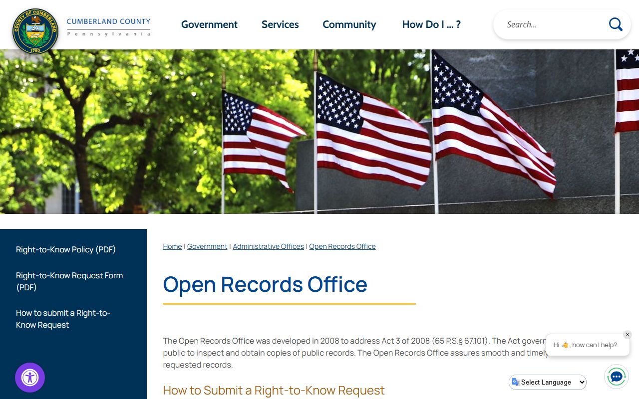 Cumberland County Open Records Office page for public records