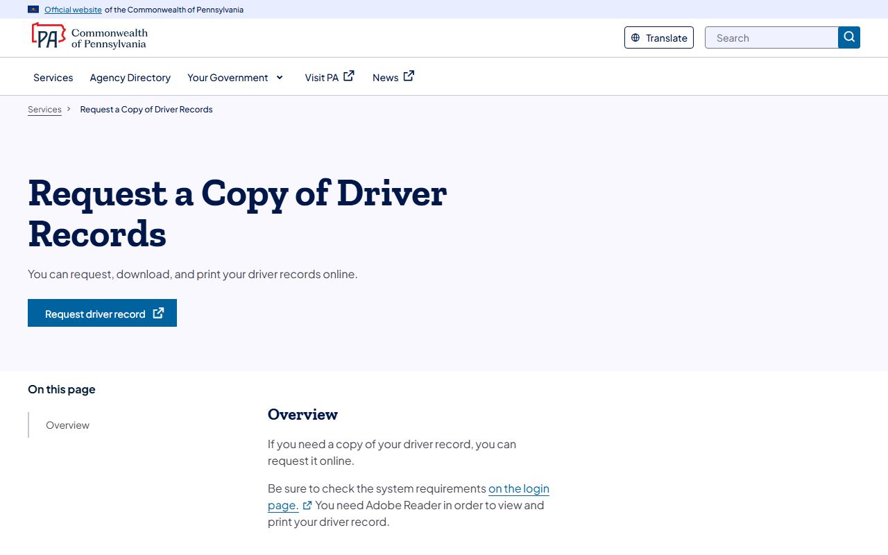 PennDOT driver record request for Cumberland County drivers