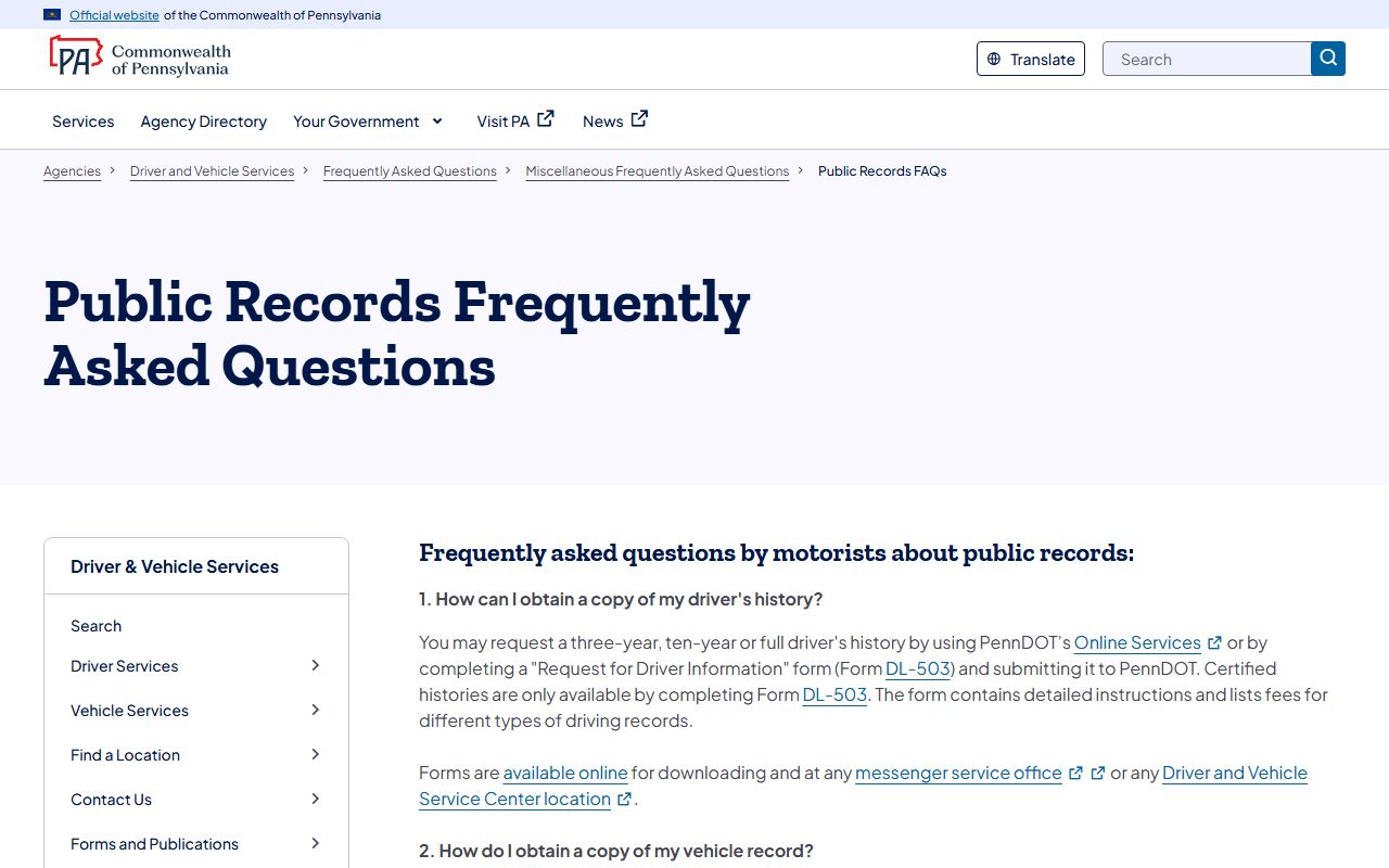 PennDOT public records FAQ for driver histories near Cumberland County