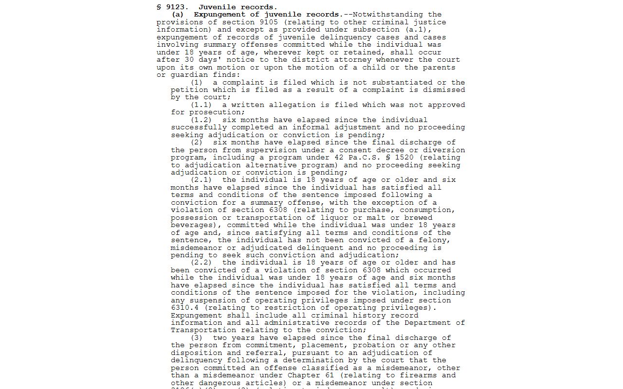 Pennsylvania juvenile records expungement statute for traffic records