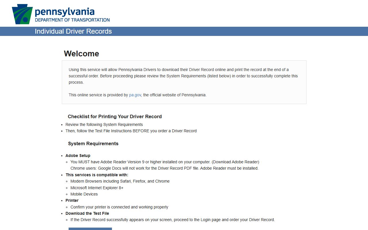 PennDOT individual driver records request for Cumberland County drivers