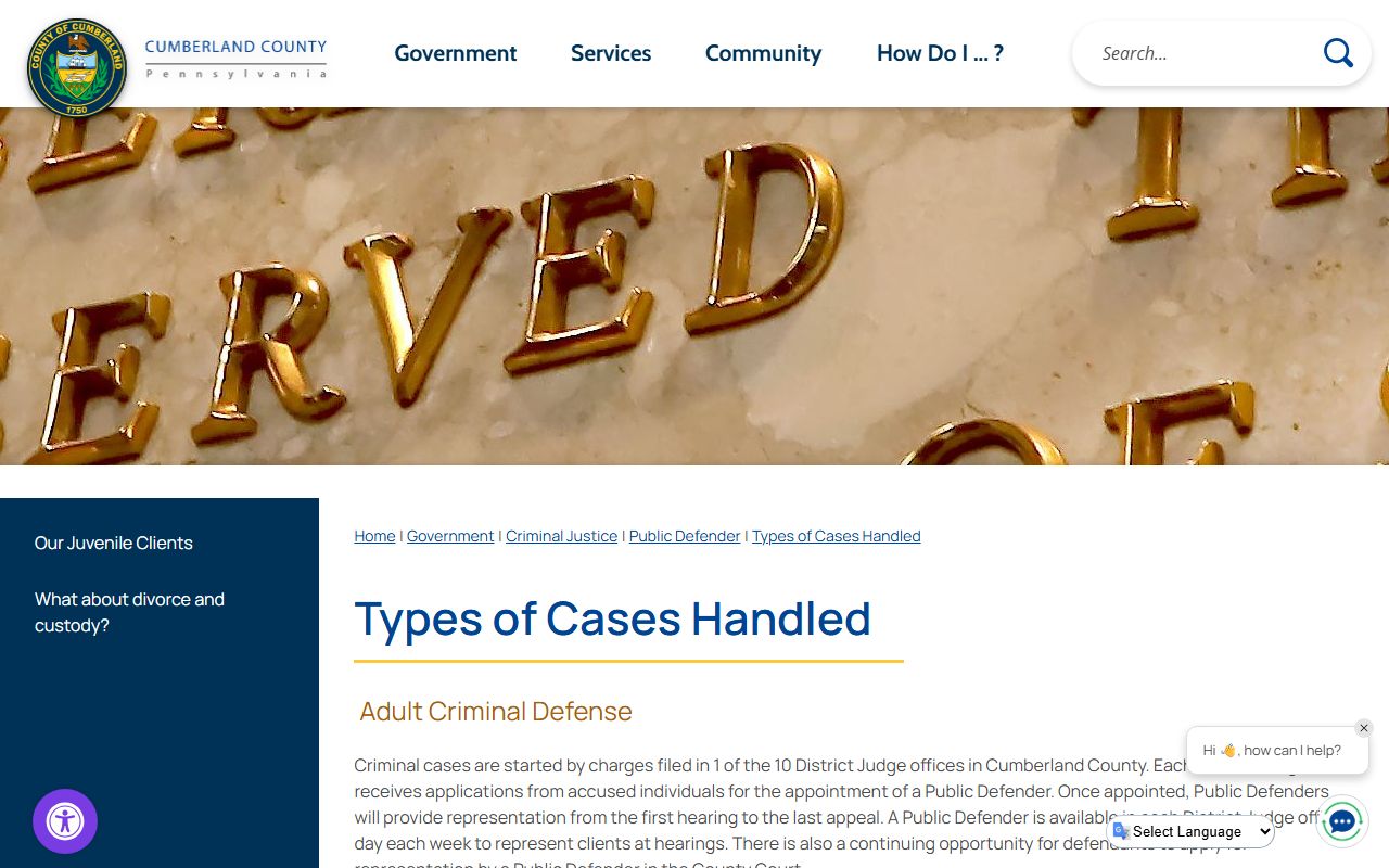 Cumberland County case types page covering traffic and criminal matters
