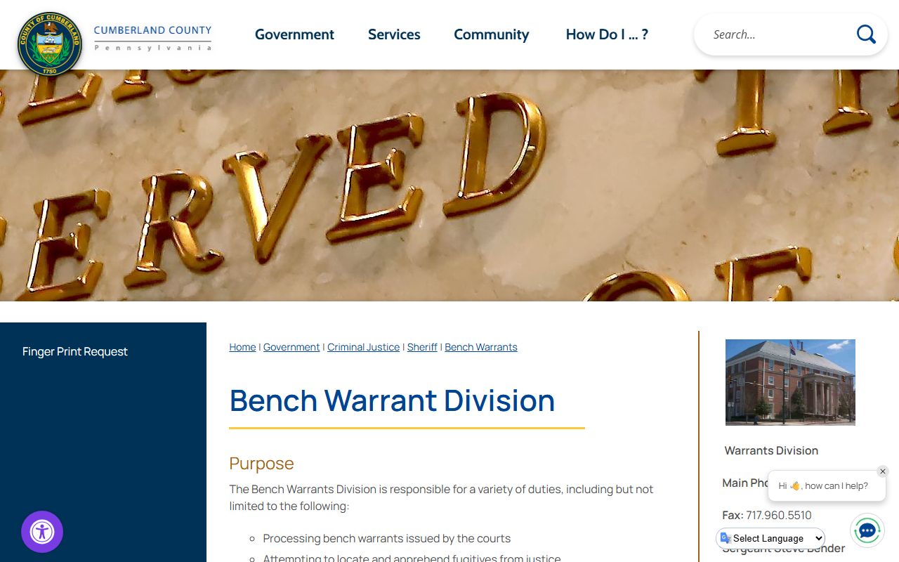 Cumberland County Bench Warrant Division page for warrant records