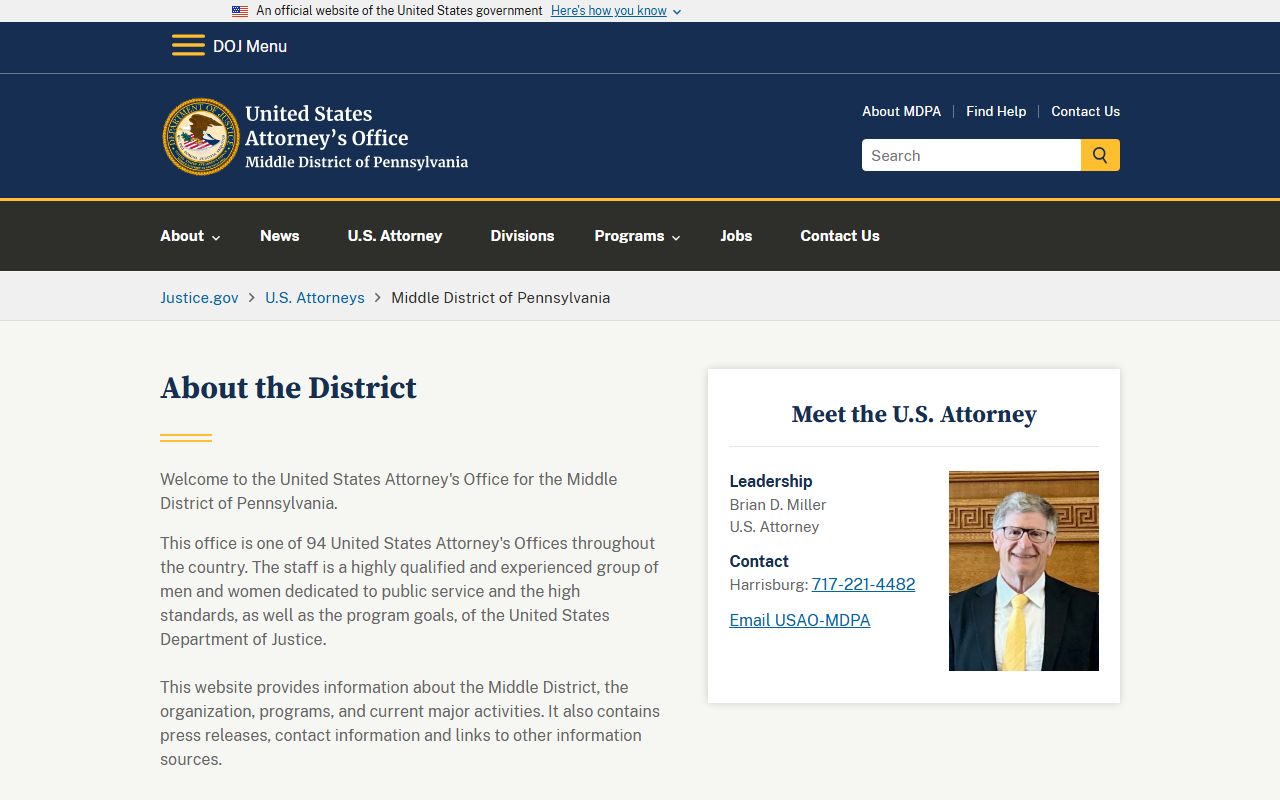 U.S. Attorney Middle District of Pennsylvania for federal Cumberland County cases